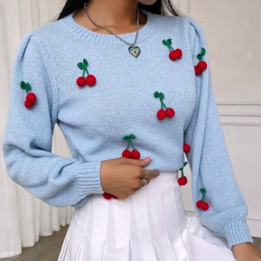 Lantern Sleeve Cherry detailed Knit Sweater Top - Picture 3 of 6